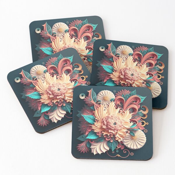 Item preview, Cream Peony with Teal Fronds and Coral designed and sold by RAGANADesign.