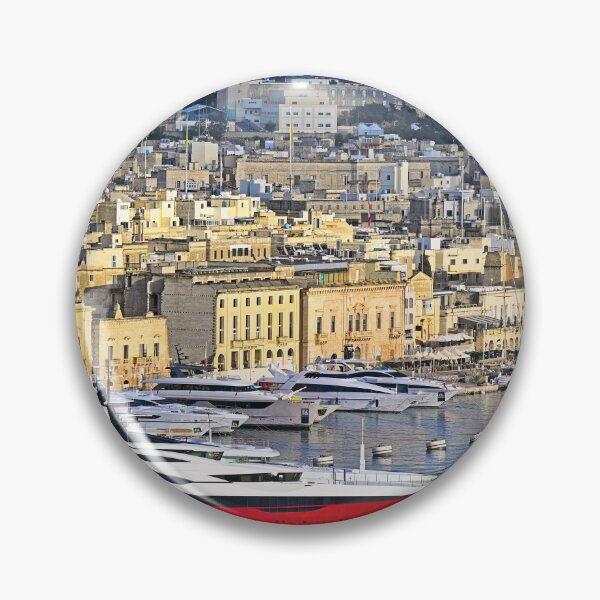 Item preview, Luxury red superyacht docked in Birgu marina with historic cityscape of Vittoriosa, Malta designed and sold by goceris.