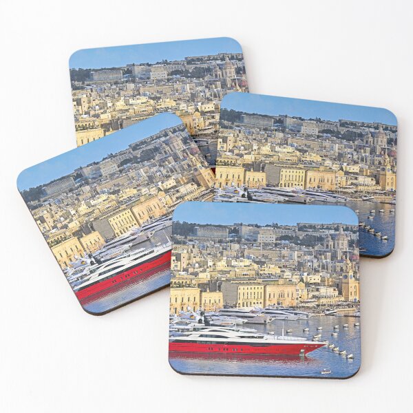 Item preview, Luxury red superyacht docked in Birgu marina with historic cityscape of Vittoriosa, Malta designed and sold by goceris.
