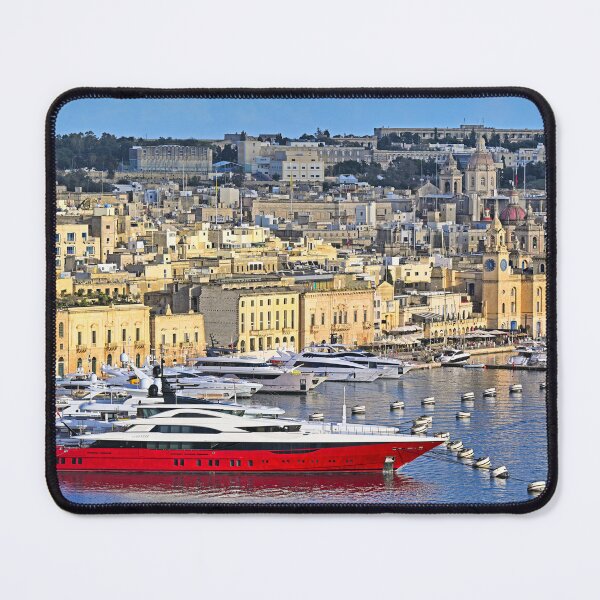 Item preview, Luxury red superyacht docked in Birgu marina with historic cityscape of Vittoriosa, Malta designed and sold by goceris.