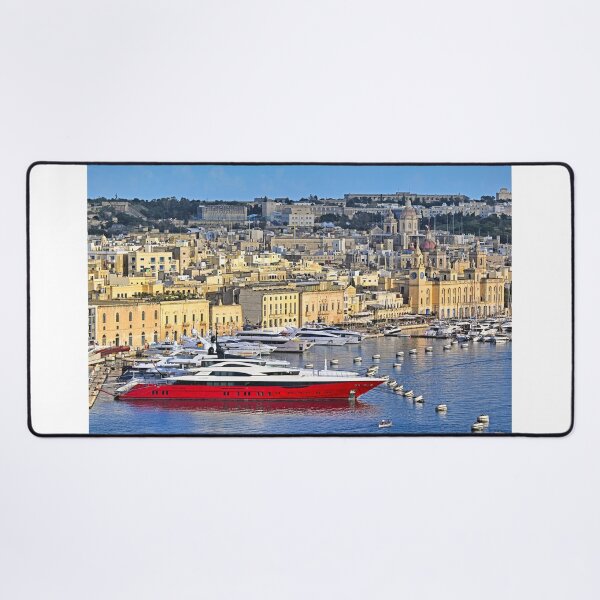 Item preview, Luxury red superyacht docked in Birgu marina with historic cityscape of Vittoriosa, Malta designed and sold by goceris.