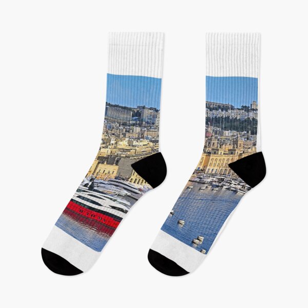 Item preview, Luxury red superyacht docked in Birgu marina with historic cityscape of Vittoriosa, Malta designed and sold by goceris.