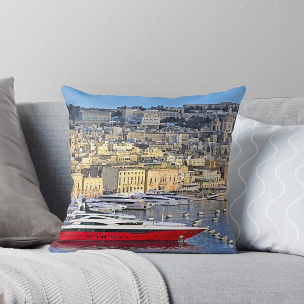 Item preview, Luxury red superyacht docked in Birgu marina with historic cityscape of Vittoriosa, Malta designed and sold by goceris.