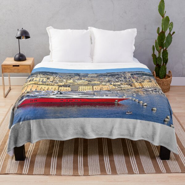 Item preview, Luxury red superyacht docked in Birgu marina with historic cityscape of Vittoriosa, Malta designed and sold by goceris.