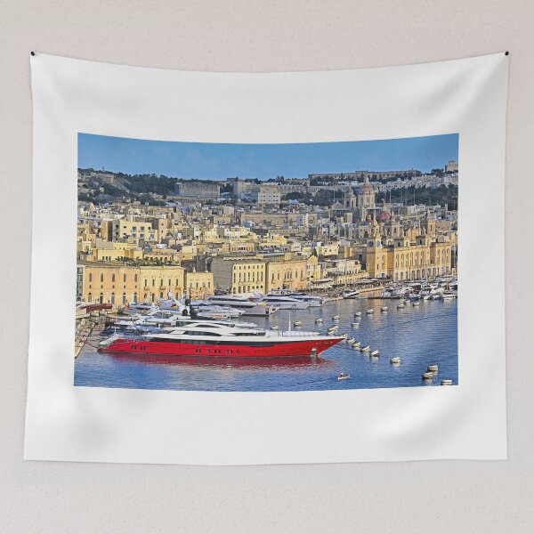 Item preview, Luxury red superyacht docked in Birgu marina with historic cityscape of Vittoriosa, Malta designed and sold by goceris.