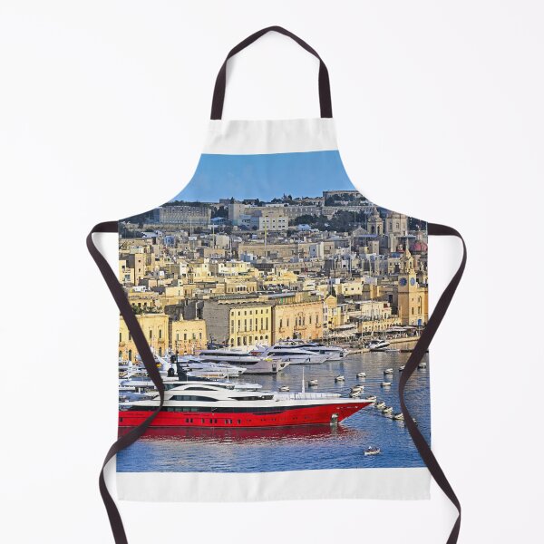 Item preview, Luxury red superyacht docked in Birgu marina with historic cityscape of Vittoriosa, Malta designed and sold by goceris.