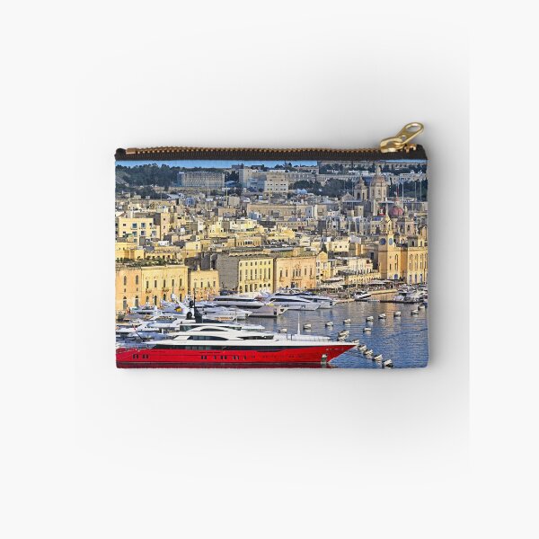Item preview, Luxury red superyacht docked in Birgu marina with historic cityscape of Vittoriosa, Malta designed and sold by goceris.