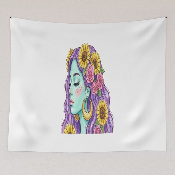 Item preview, Celestial Sunflower Goddess - Boho Purple Hair Fantasy Art designed and sold by Mido-artister.