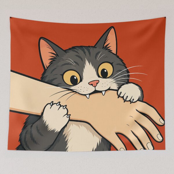 Item preview, Retro Vintage Cat Biting Hand Funny Love Bite Tuxedo Kitten Graphic designed and sold by The Upside Down.
