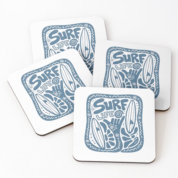 Item preview, Surf Life Retro Shaka Surfboard Linocut Blue Beach Graphic designed and sold by DesignArtist.ia.