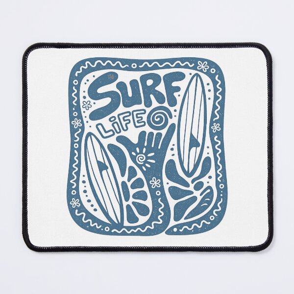 Item preview, Surf Life Retro Shaka Surfboard Linocut Blue Beach Graphic designed and sold by DesignArtist.ia.