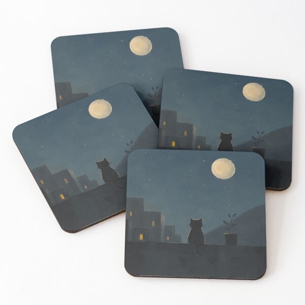 Item preview, Black Cat Rooftop Full Moon Painting designed and sold by Jaideep Walia.