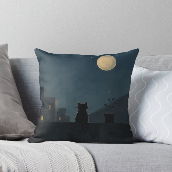 Item preview, Black Cat Rooftop Full Moon Painting designed and sold by Jaideep Walia.