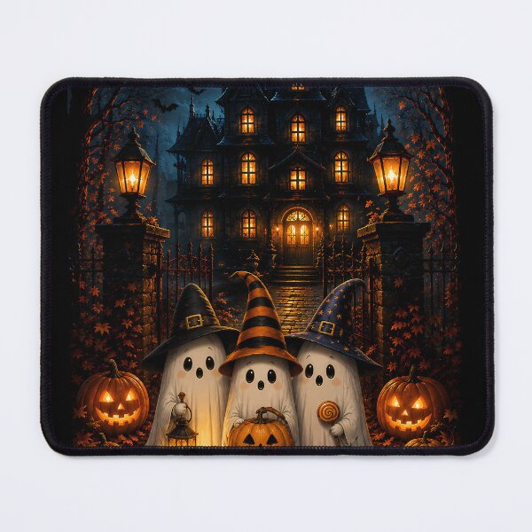 Item preview, Cute Halloween Ghosts in Witch Hats in Front of Spooky Haunted Mansion Night designed and sold by Dreamy Armine Art.