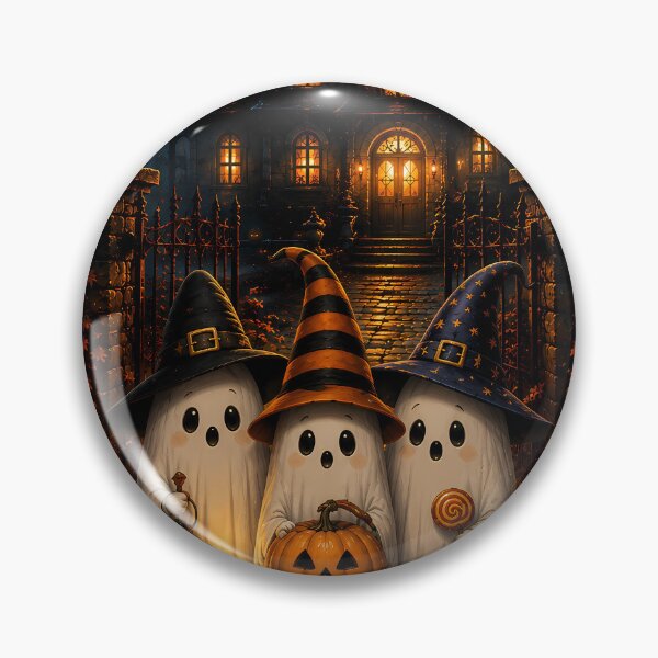 Item preview, Cute Halloween Ghosts in Witch Hats in Front of Spooky Haunted Mansion Night designed and sold by Dreamy Armine Art.