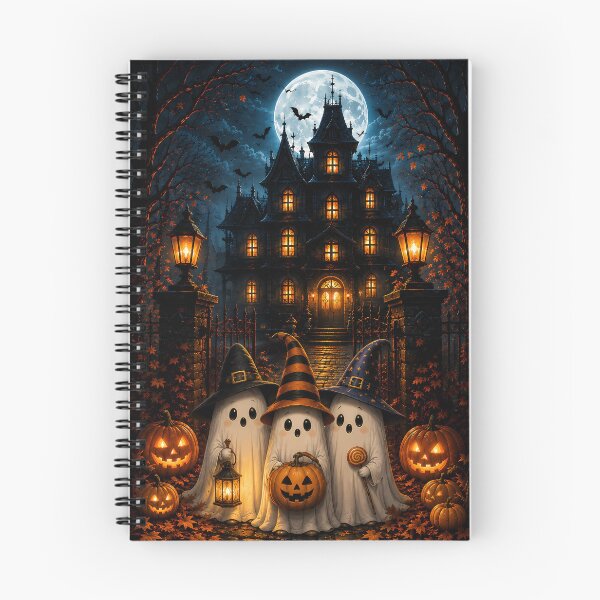Item preview, Cute Halloween Ghosts in Witch Hats in Front of Spooky Haunted Mansion Night designed and sold by Dreamy Armine Art.