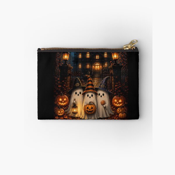 Item preview, Cute Halloween Ghosts in Witch Hats in Front of Spooky Haunted Mansion Night designed and sold by Dreamy Armine Art.