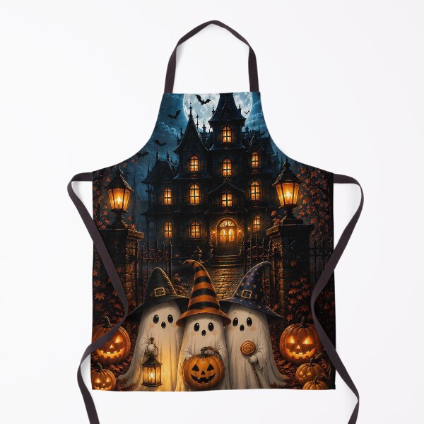 Item preview, Cute Halloween Ghosts in Witch Hats in Front of Spooky Haunted Mansion Night designed and sold by Dreamy Armine Art.