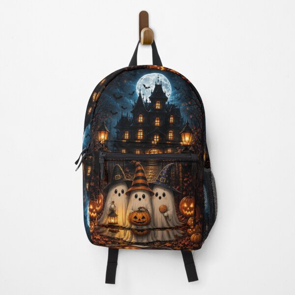Item preview, Cute Halloween Ghosts in Witch Hats in Front of Spooky Haunted Mansion Night designed and sold by Dreamy Armine Art.