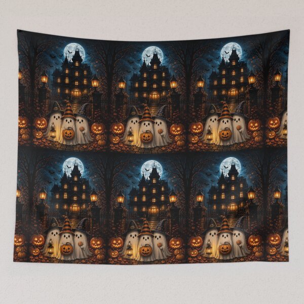 Item preview, Cute Halloween Ghosts in Witch Hats in Front of Spooky Haunted Mansion Night designed and sold by Dreamy Armine Art.