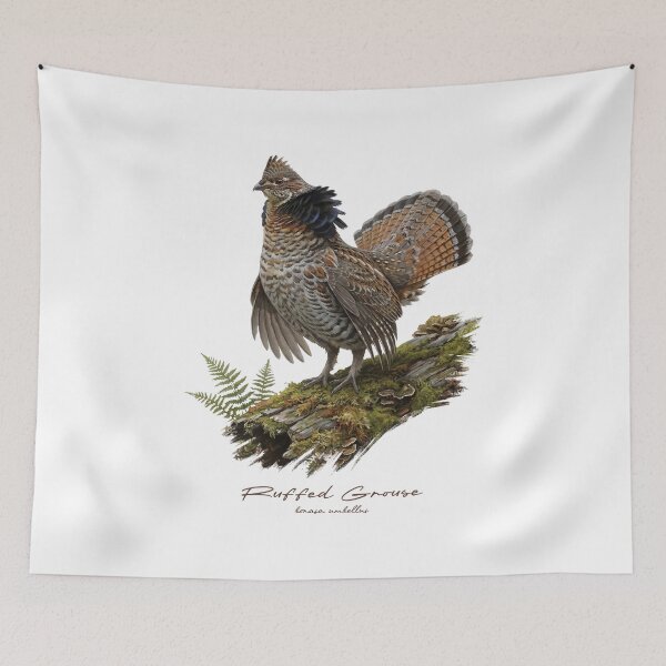 Item preview, Ruffed Grouse on Mossy Log Bird Illustration designed and sold by Takeda-art.