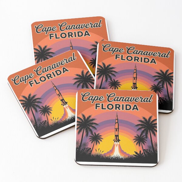 Item preview, Cape Canaveral Florida Rocket Launch Retro Palm Tree Sunset Badge designed and sold by CityMerch4.