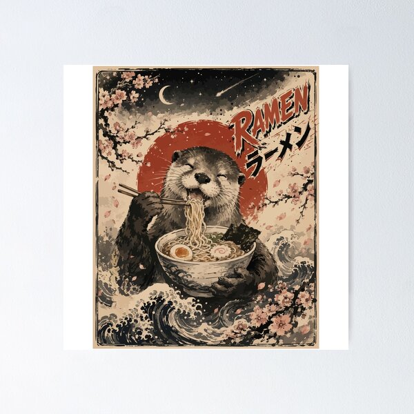 Item preview, Funny Otter Eating Ramen Sumie Japanese Vintage designed and sold by TomFrontierArt.