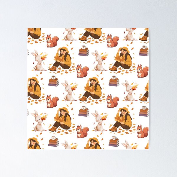 Item preview, Cozy Autumn Reading Seamless Pattern with Girl, Rabbit, Squirrel, Books and Hot Drinks designed and sold by BigDigital.