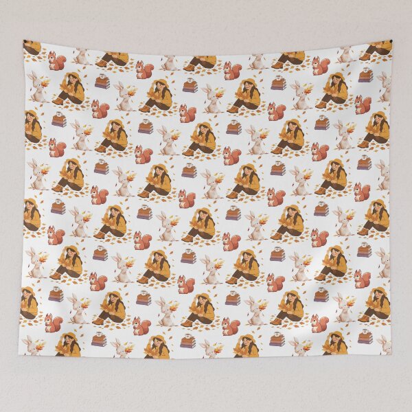 Item preview, Cozy Autumn Reading Seamless Pattern with Girl, Rabbit, Squirrel, Books and Hot Drinks designed and sold by BigDigital.