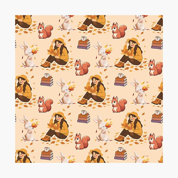 Aperçu de l'œuvre Motif sans couture automnal chaleureux sur le thème de la lecture, avec une fille, un lapin, un écureuil, des livres et des boissons chaudes. créée et vendue par BigDigital.