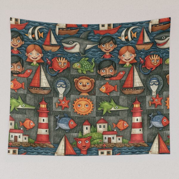 Item preview, Nautical Checkered Ocean and Sea Life Art designed and sold by Piotrek0001.