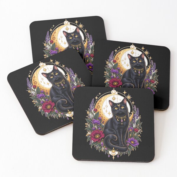 Item preview, Mystical Black Cat Crescent Moon Floral Art designed and sold by ThreadAlchemys.