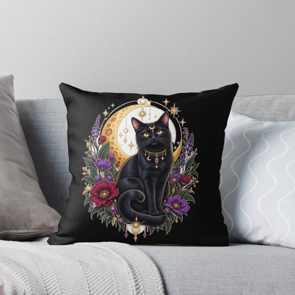 Item preview, Mystical Black Cat Crescent Moon Floral Art designed and sold by ThreadAlchemys.