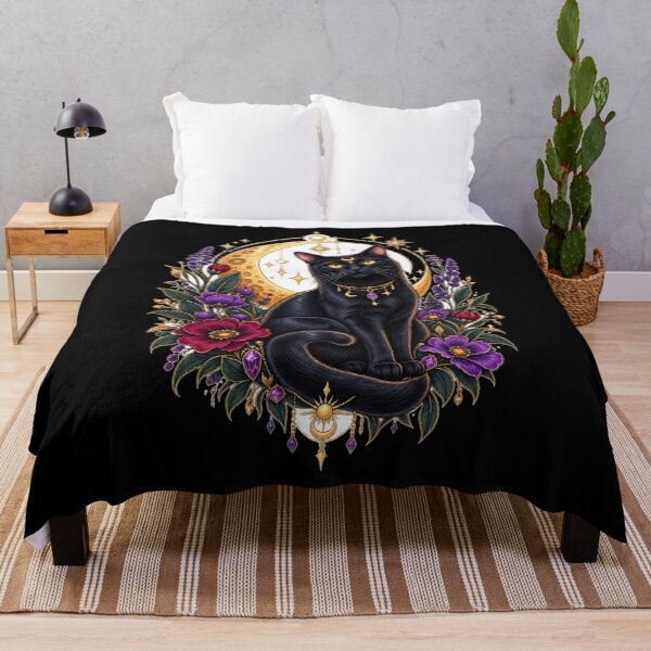 Item preview, Mystical Black Cat Crescent Moon Floral Art designed and sold by ThreadAlchemys.