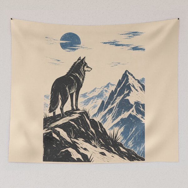 Item preview, Wolf on Mountain Ridge Linocut Nature Art designed and sold by Sarcastic designs.