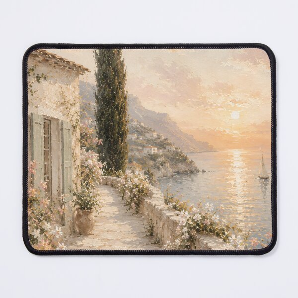 Item preview, Cypress Tree Sunset Path - Mediterranean Coastal Village designed and sold by Jozefin's Studio.