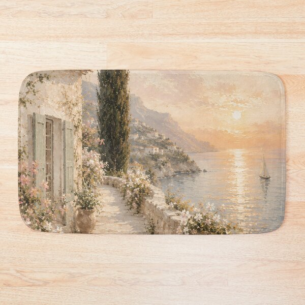 Item preview, Cypress Tree Sunset Path - Mediterranean Coastal Village designed and sold by Jozefin's Studio.