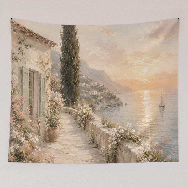 Item preview, Cypress Tree Sunset Path - Mediterranean Coastal Village designed and sold by Jozefin's Studio.