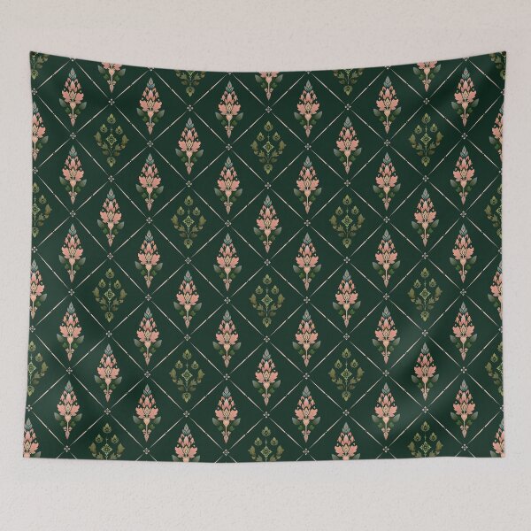 Item preview, Thai Botanical Diamond Seamless Pattern Forest Green Luxury Thai Floral Motif Gradient Fabric Design designed and sold by KOPatternCo.