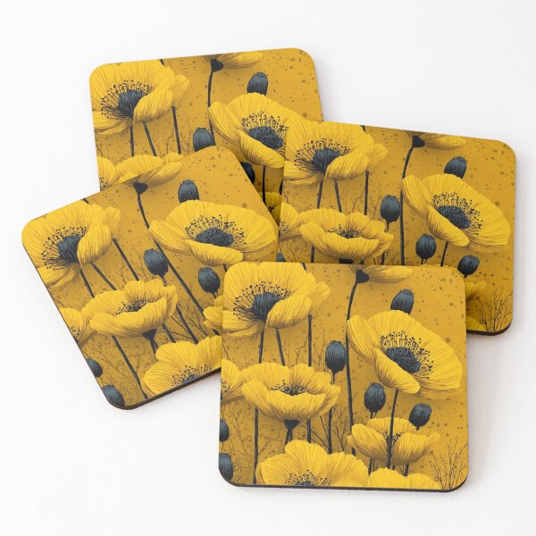 Item preview, Yellow Poppy Flowers Dark Charcoal Accents Mustard Floral Illustration designed and sold by LYAN-STORE.
