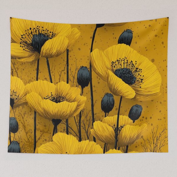 Item preview, Yellow Poppy Flowers Dark Charcoal Accents Mustard Floral Illustration designed and sold by LYAN-STORE.
