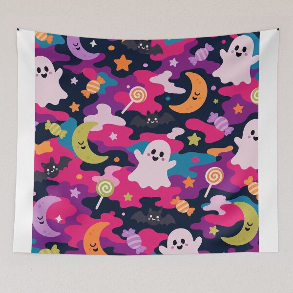 Item preview, Cute Halloween Ghosts Candies Moons Vibrant Camo Pattern designed and sold by Simon-art-land.