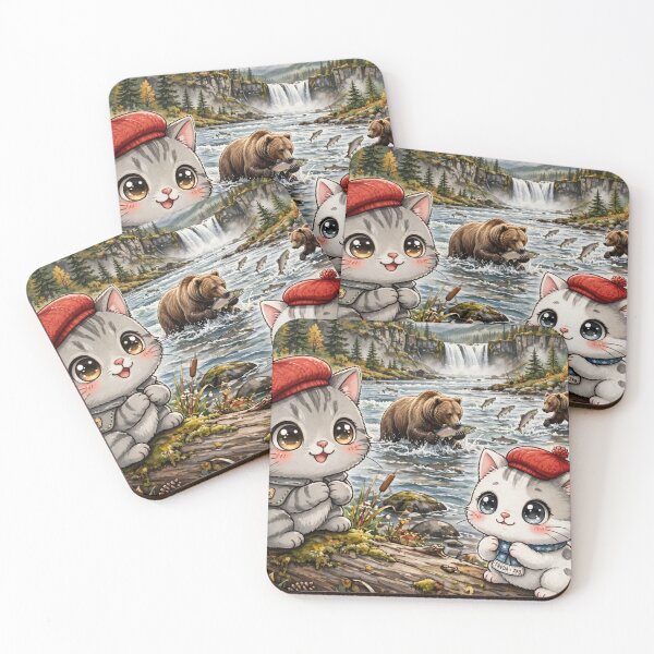 Item preview, Junior and Freda Katmai Alaska - Cute Cats Watching Bears Catch Salmon  designed and sold by MAISON SYLVIE.