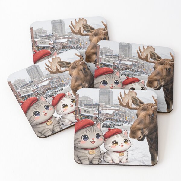 Item preview, Junior and Freda Meet a Moose in Anchorage Alaska - Cute Cats City designed and sold by MAISON SYLVIE.