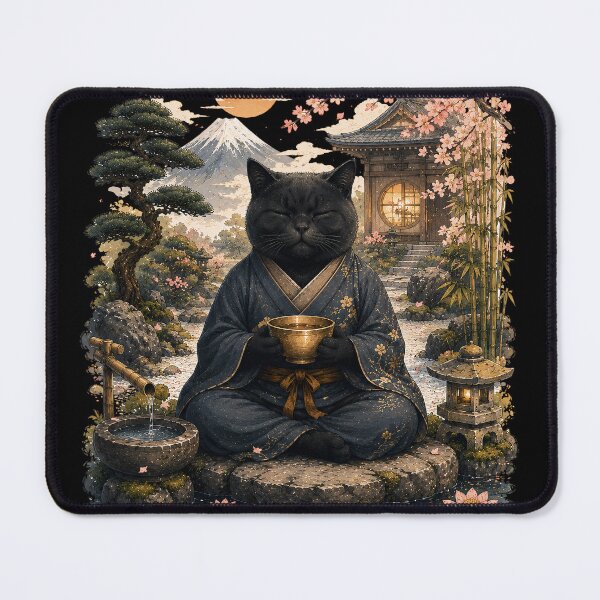 Item preview, Zen Black Cat Meditation in Japanese Garden – Japanese Zen Cat Art designed and sold by BlackCat Vibe.