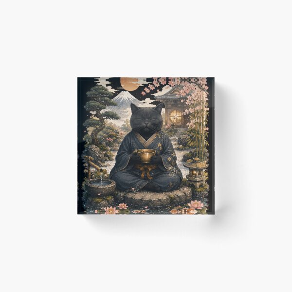 Item preview, Zen Black Cat Meditation in Japanese Garden – Japanese Zen Cat Art designed and sold by BlackCat Vibe.