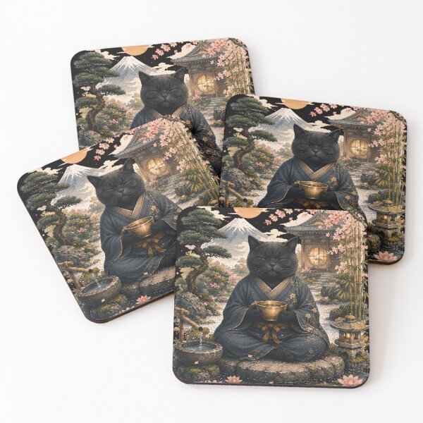 Item preview, Zen Black Cat Meditation in Japanese Garden – Japanese Zen Cat Art designed and sold by BlackCat Vibe.