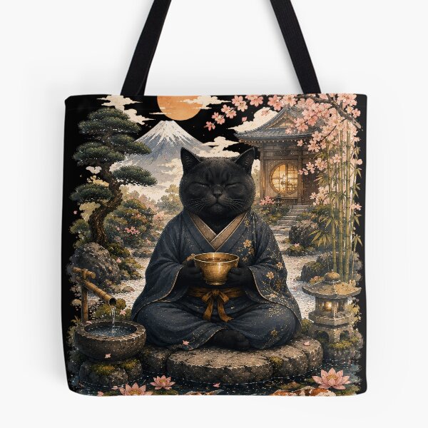 Item preview, Zen Black Cat Meditation in Japanese Garden – Japanese Zen Cat Art designed and sold by BlackCat Vibe.