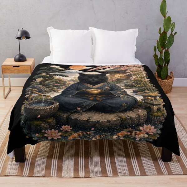 Item preview, Zen Black Cat Meditation in Japanese Garden – Japanese Zen Cat Art designed and sold by BlackCat Vibe.