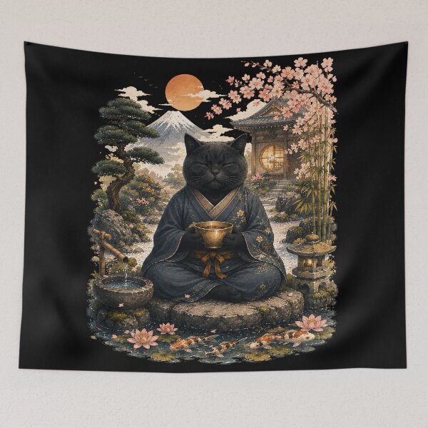 Item preview, Zen Black Cat Meditation in Japanese Garden – Japanese Zen Cat Art designed and sold by BlackCat Vibe.